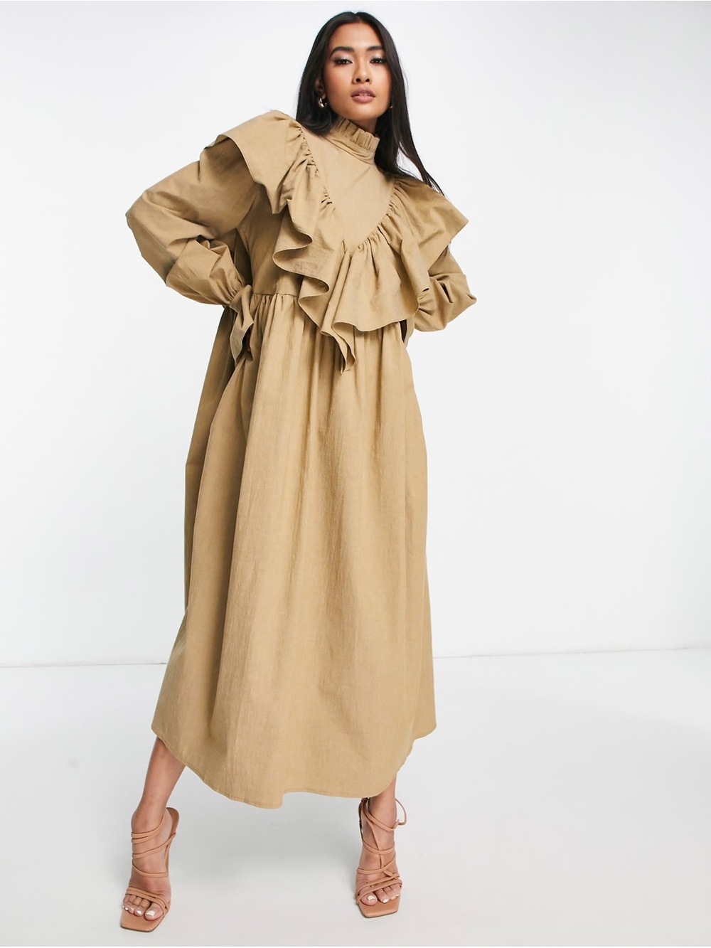 ASOS EDITION Camel Ruffle Prairie Midi Dress Size US 10
